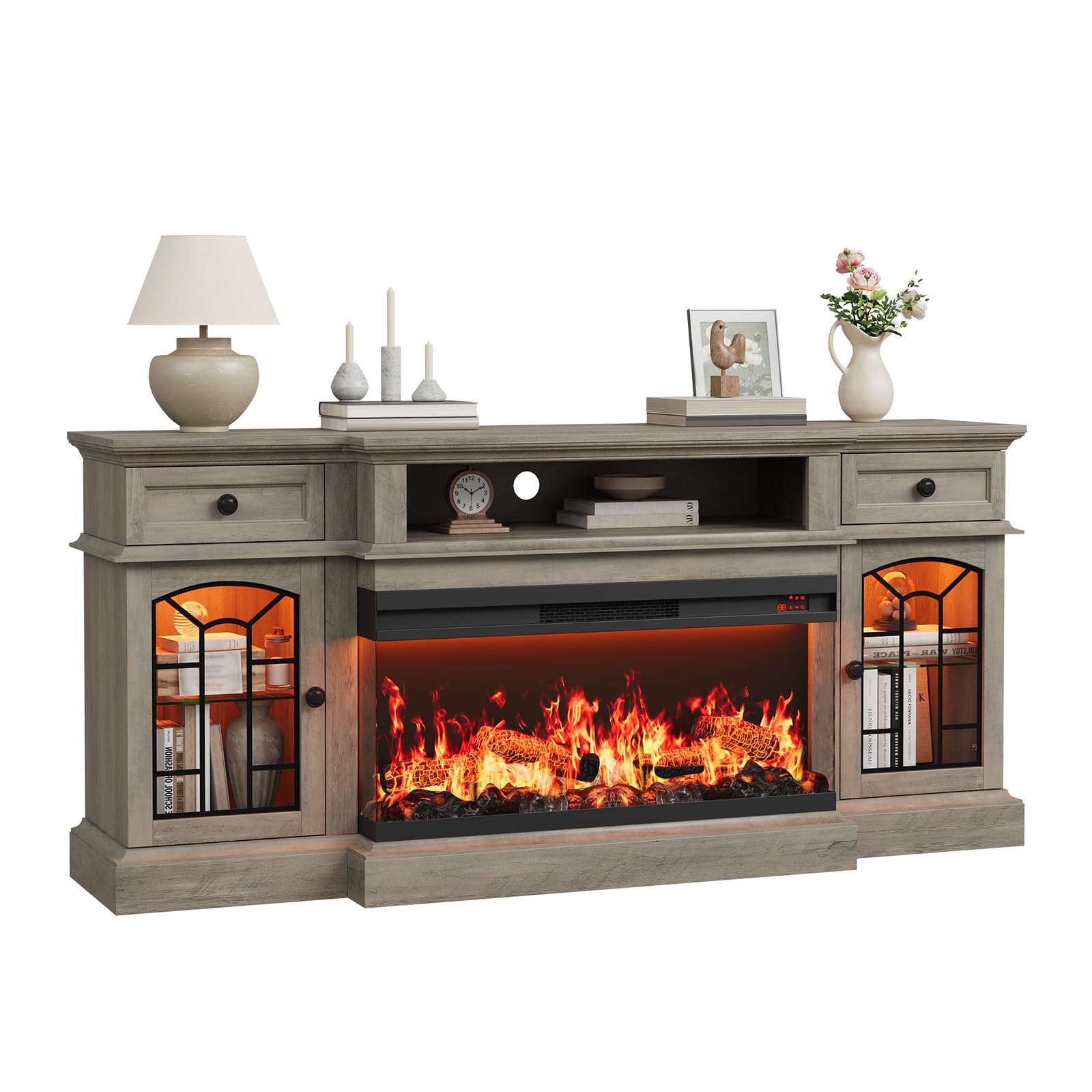 QUW 70" Farmhouse Fireplace TV Stand for TVs up to 80", Entertainment Center with 36" 3-Side Glass Electric Fireplace with Open Shelf and Cabinet, TV Console for Living Room, Grey