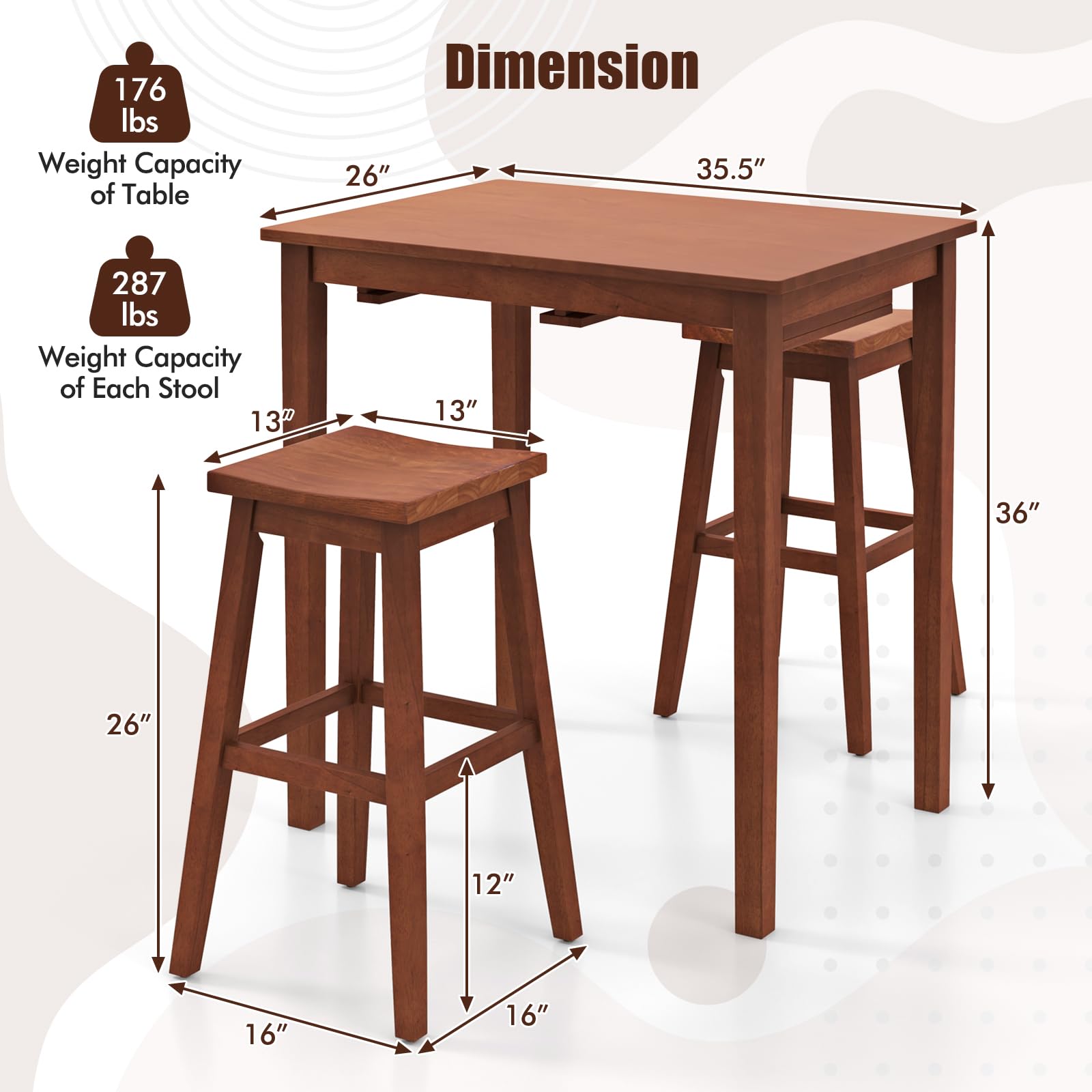 3-Piece Counter Height Bar Table Set with Saddle Stools
