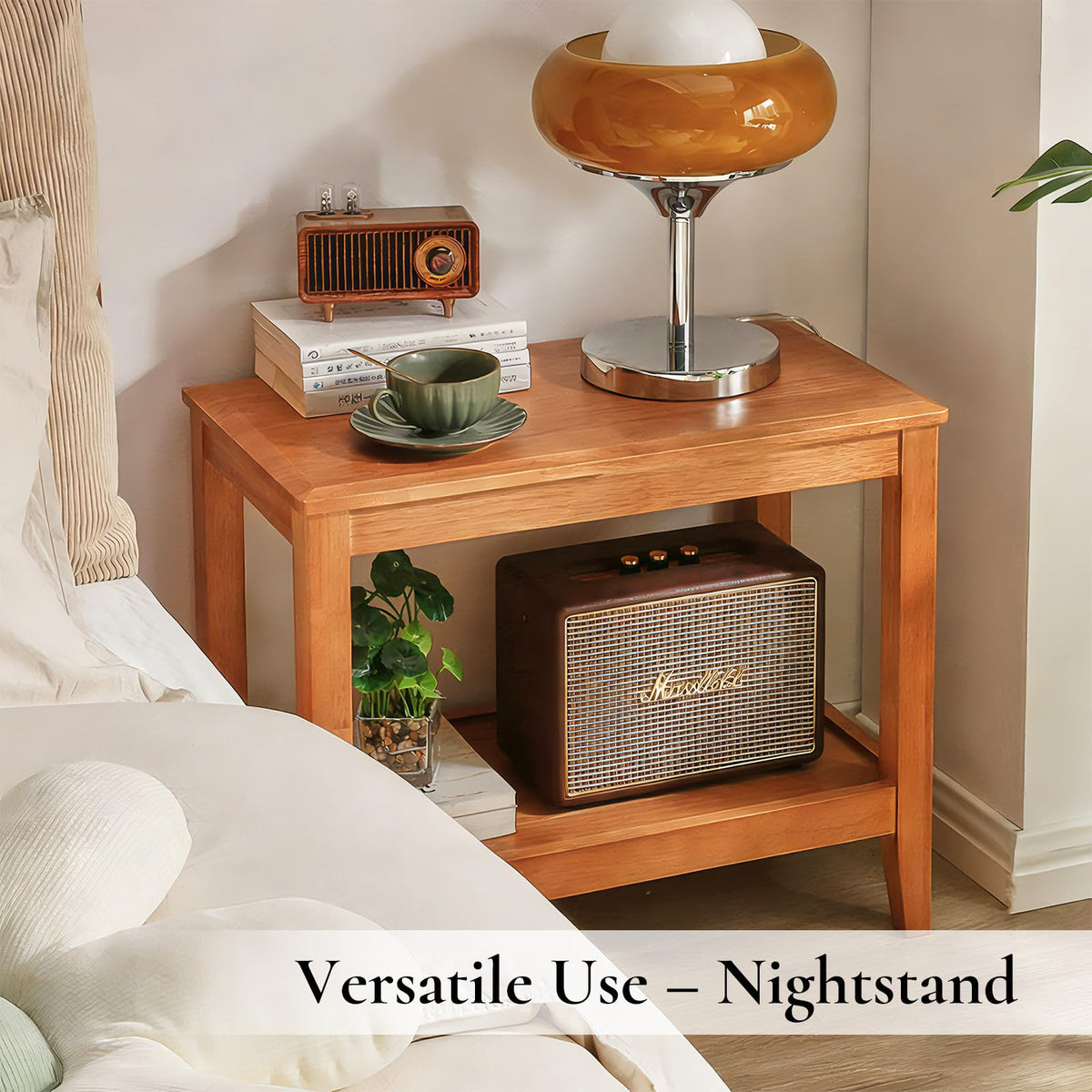 Cttasty Side Table, Solid Wood Rectangular End Table with Storage Shelf, 2-Tier Coffee Table for Living Room, Rubber Wood Small Sofa Table, Nightstand 19.69 H x 13.39 W x 23.62 D Inches (Natural)