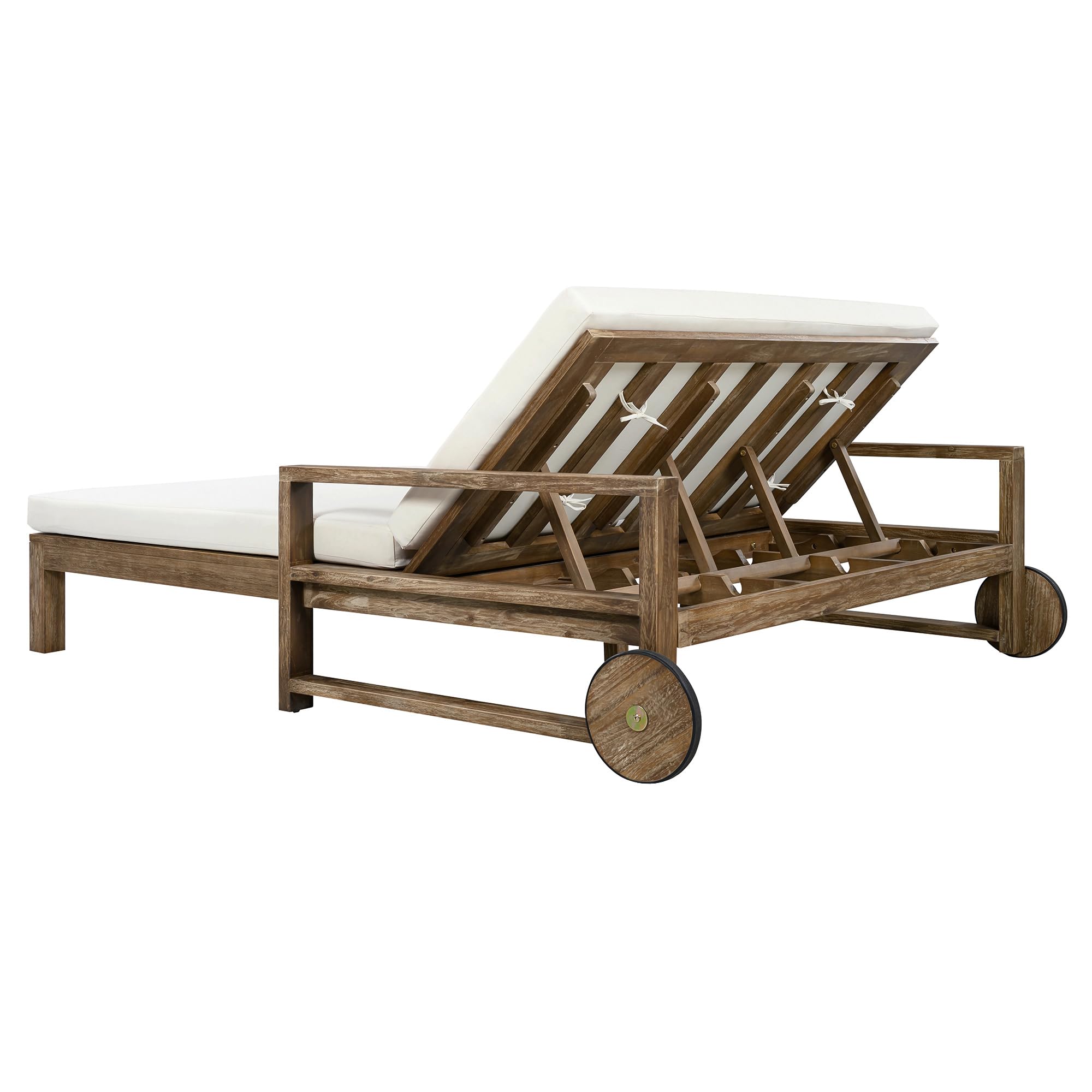 Merax Acacia Wood Outdoor Daybed Sofa, Farmhouse Patio Sun Lounger with Adjustable Backrest, High-Density Cushions & Removable Wheels, Weather Resistant for Garden, Poolside, Backyard, Beige