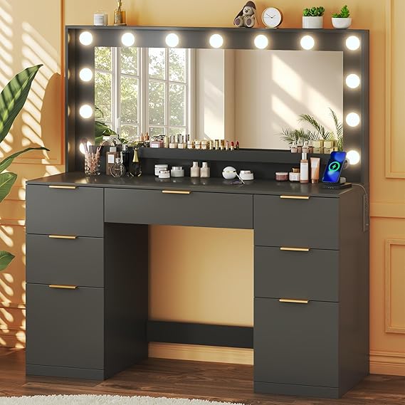 Vanity Desk with Mirror, Lights & Storage