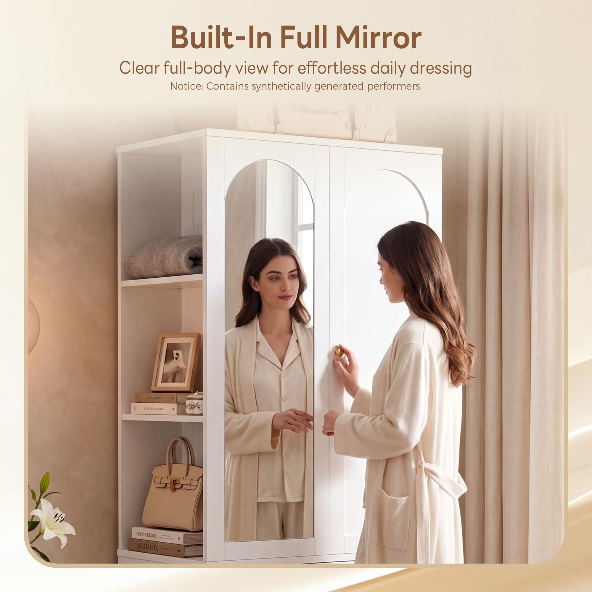 LIKIMIO Armoire Wardrobe Closet with Full Length Mirror, 3 Open Shelves, 71" Freestanding Bedroom Armoire with 2 Drawers, 3 Side Hooks & Hanging Rod, Clothing Storage Cabinet for Bedroom, White