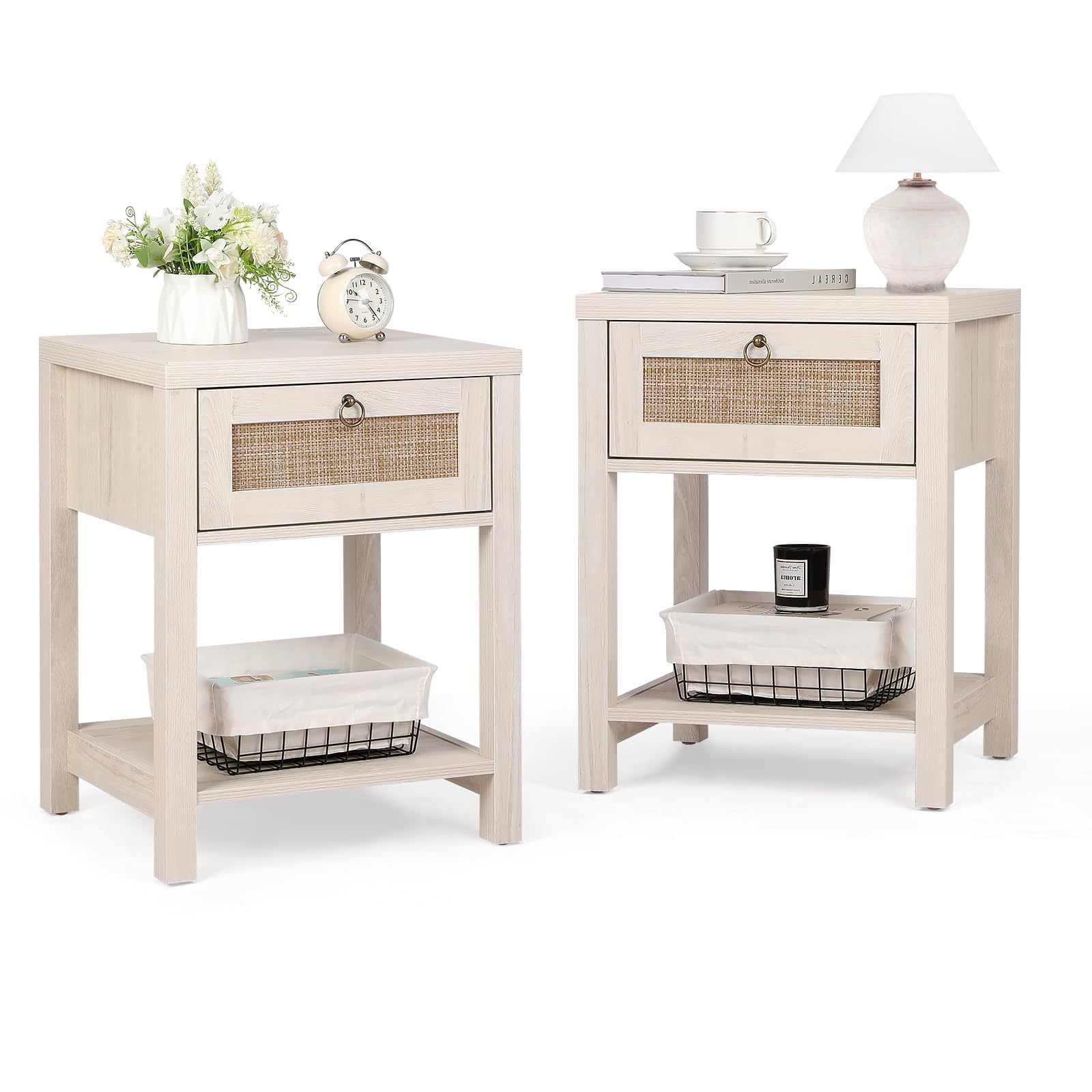 VOWNER Rattan Nightstands Set of 2 - Farmhouse Bedside Table Night Stand with Drawer and Storage Shelf, Boho End Side Table for Bedroom, Mesitas De Noche para Dormitorio, Light Oak
