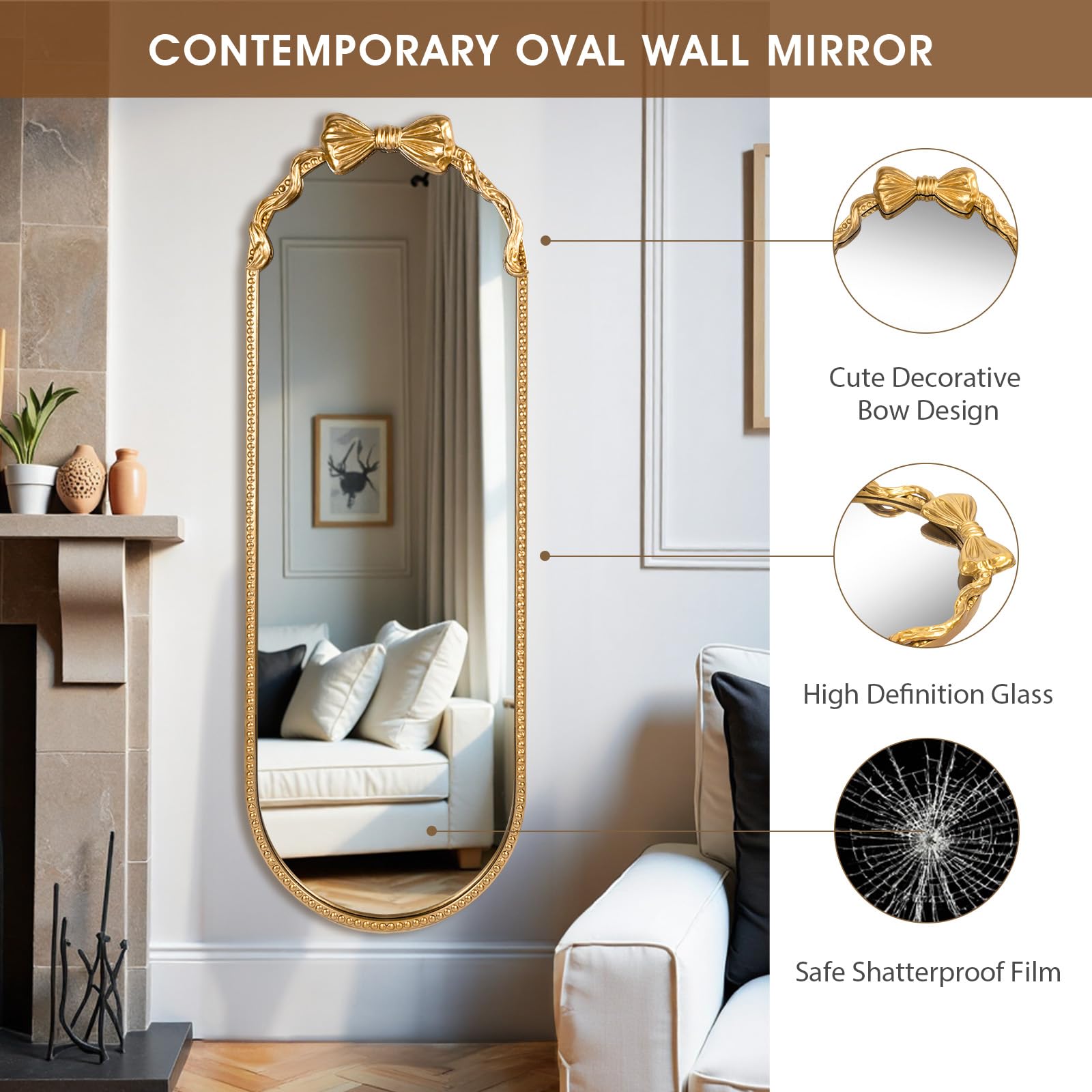Fobule Oval Full Length Mirror, 16"x47" Gold Bow Metal Beaded Frame Large Hanging Dressing Floor Mirror for Bedroom, Living Room, Entryway
