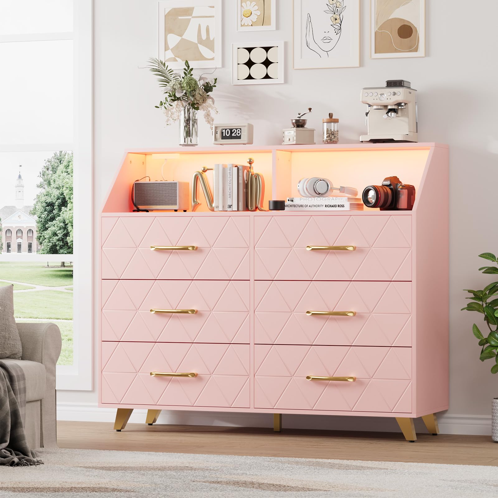 Hetoy 6 Drawer Wooden Dresser with LED Light and Charging Station,Modern Chest of Drawers with Open Shelves & Gold Handles, Versatile Storage Cabinet for Bedroom, Living Room, Hallway