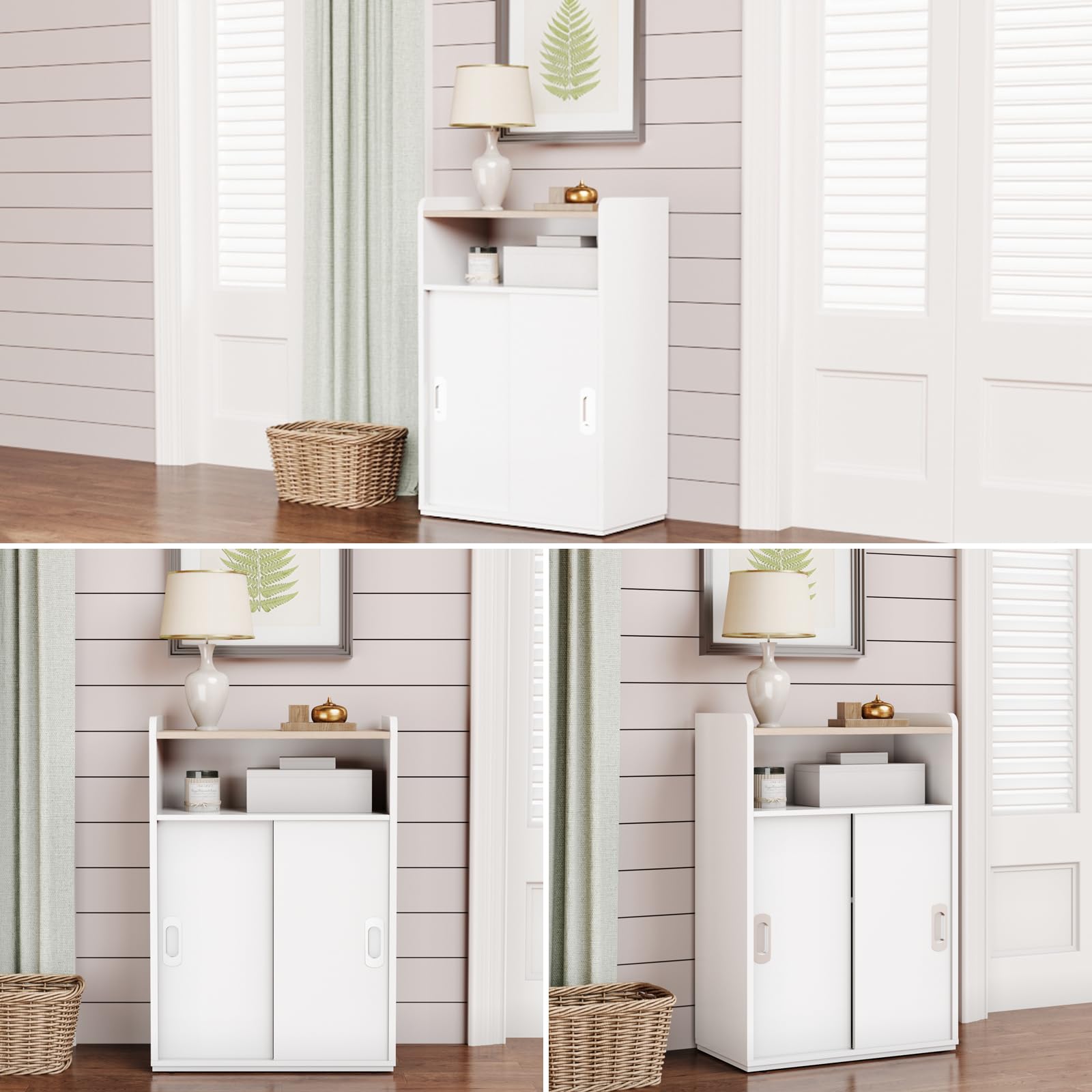 PROXRACER 22" Slim Floor Cabinet with Sliding Doors & Adjustable Shelves, Shallow Storage Cabinet for Bathroom, Living Room, Kitchen & Small Spaces, White