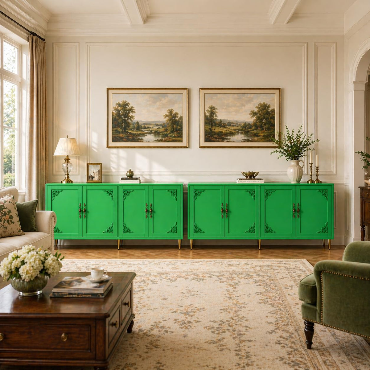 AUN Green Metal Cabinet, Sideboard Buffet Cabinet, TV Stand Cabinet