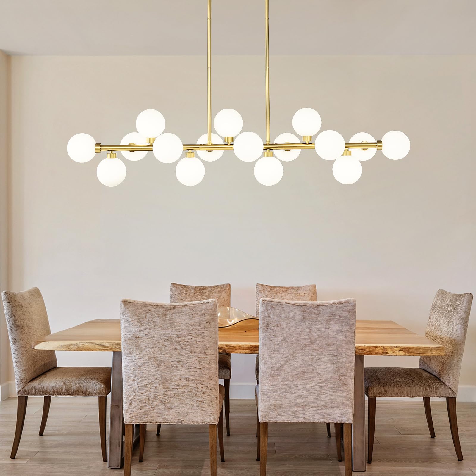 EGM 55" L Gold Linear Chandelier, 16-Light Bubble Chandeliers for Dining Room Foyer, Modern Sputnik Light Fixture with Milk White Glass Lampshades, Extra Large Kitchen Island Chandeliers Over Table