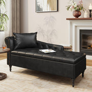 Faux Leather Chaise Lounge Chair with Storage, Left Rolled Armrest, Black