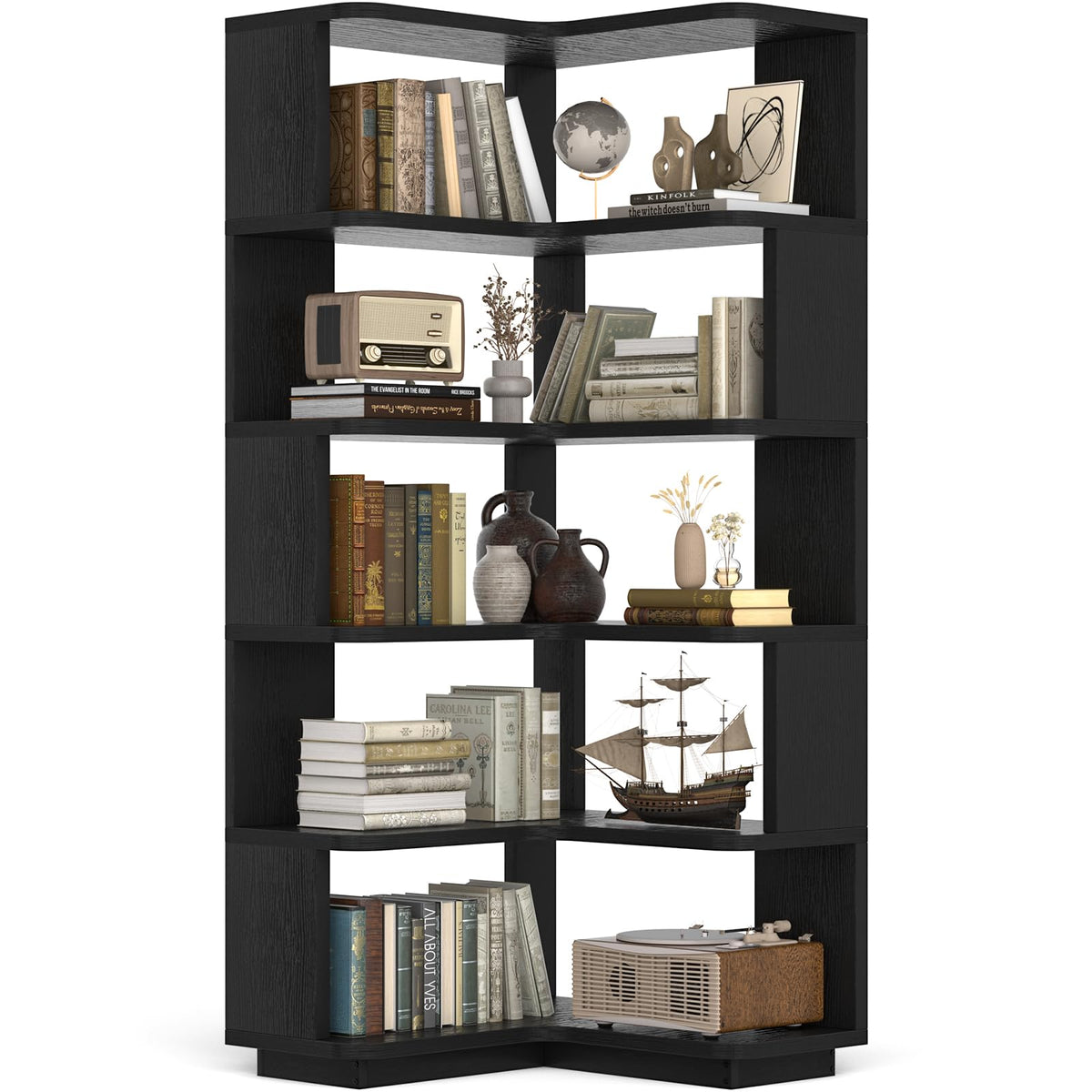 Besiost Corner Book Shelf, 6-Shelf Corner Bookshelf for Small Corner Spaces, L-Shape Bookcase Corner Display Shelf for Home Office, Living Room, Bedroom, Black