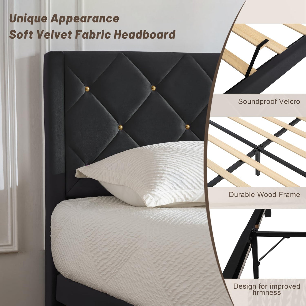 DUMGTIF Queen Size Platform Bed Frame with Velvet Headboard