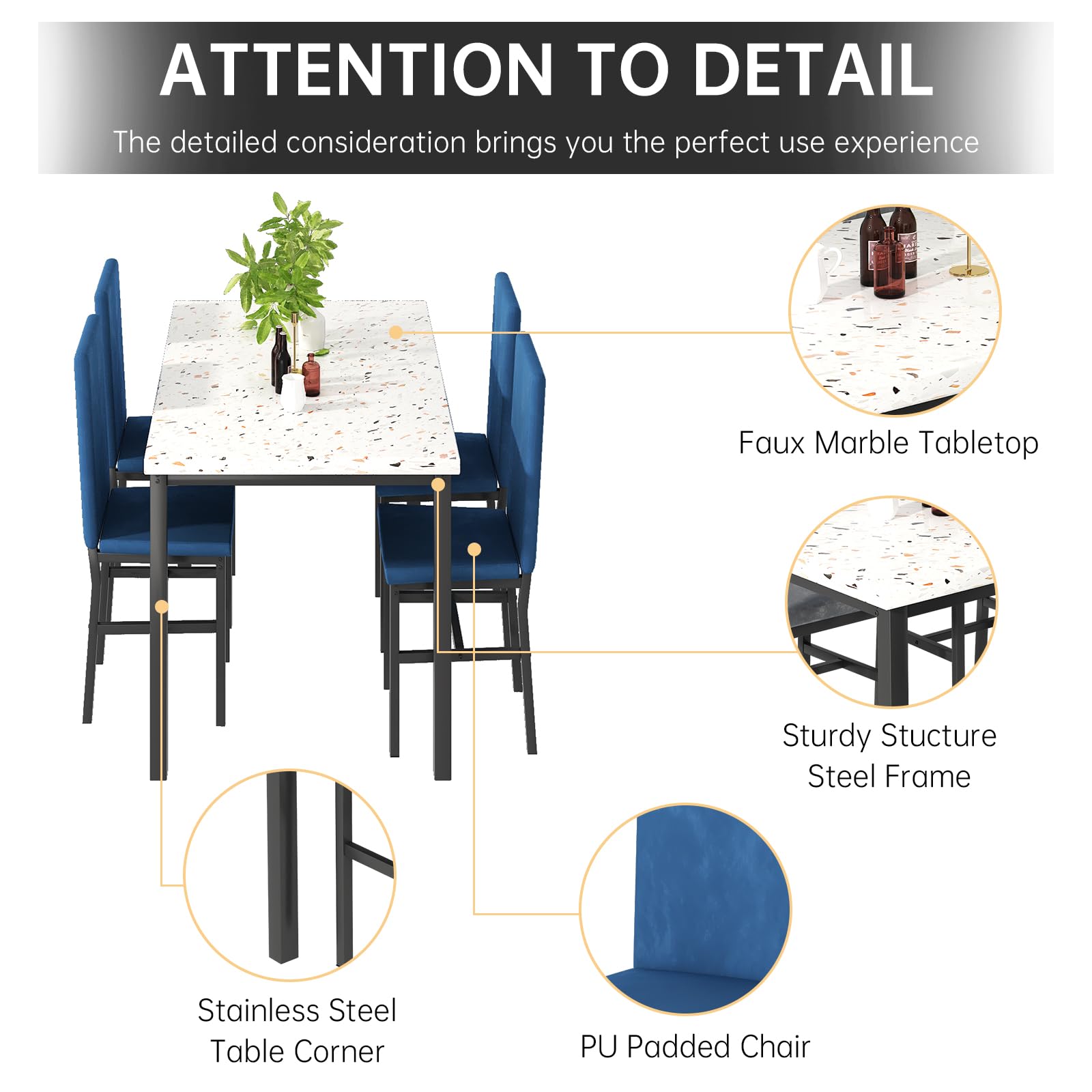 AWQM Dining Table Set for 4, Modern Faux Marble Dining Table Set with 4 Upholstered Velvet Chairs, Dining Room Table Set for Kitchen, Breakfast Nook, Dining Room, Blue