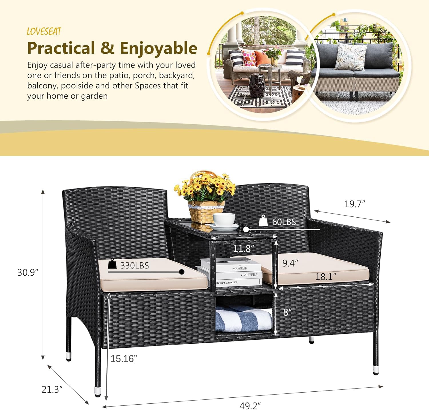 Outdoor Rattan Loveseat with Built-In Table