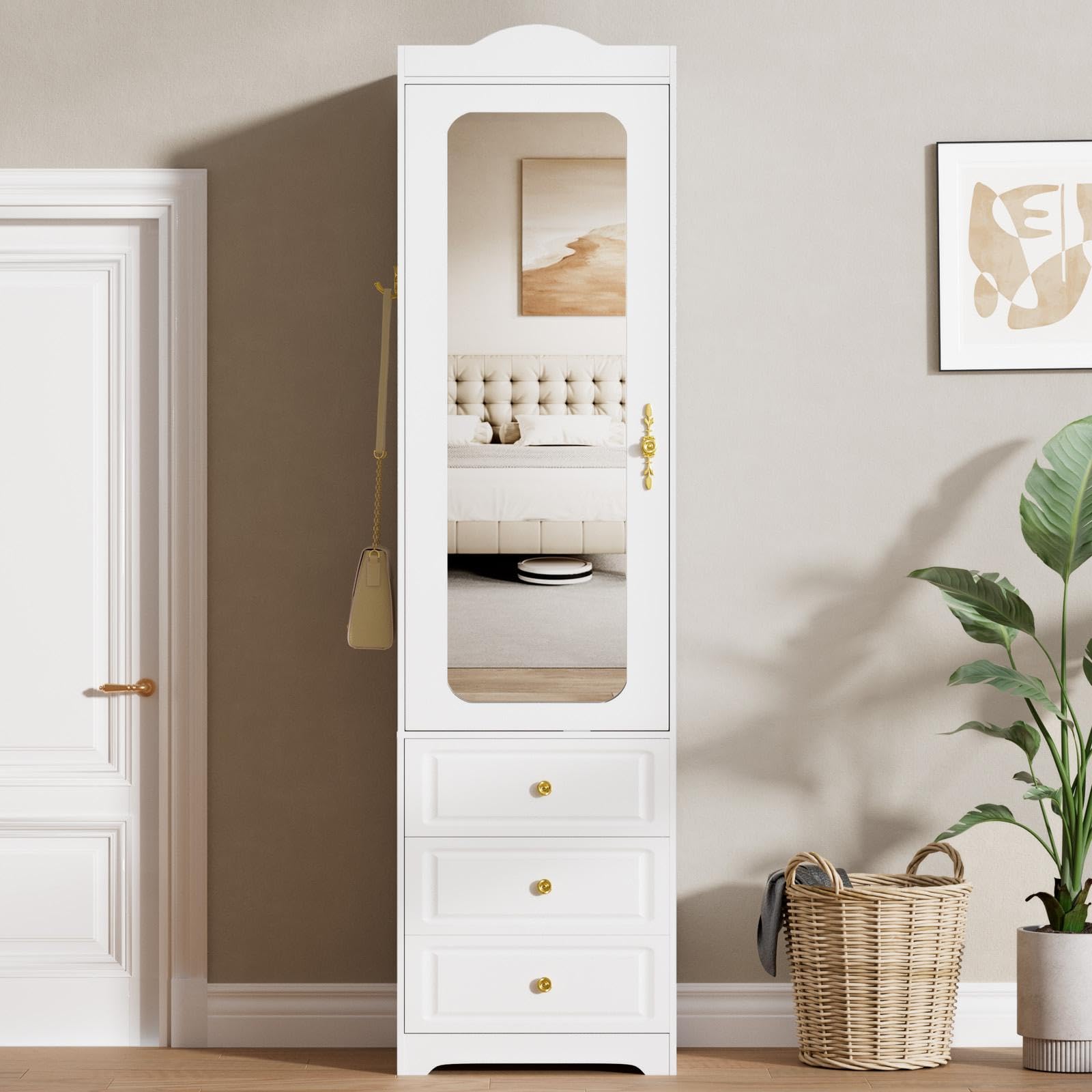 JanflyHome Armoire Wardrobe Closet, Updated White Bedroom Armoires Cabinet with Mirror Door and 3 Drawers, 15.7" W/69.5" H Clothing Storage Cabinet with Hanging Rod & Sensor Light for Bedroom-Left