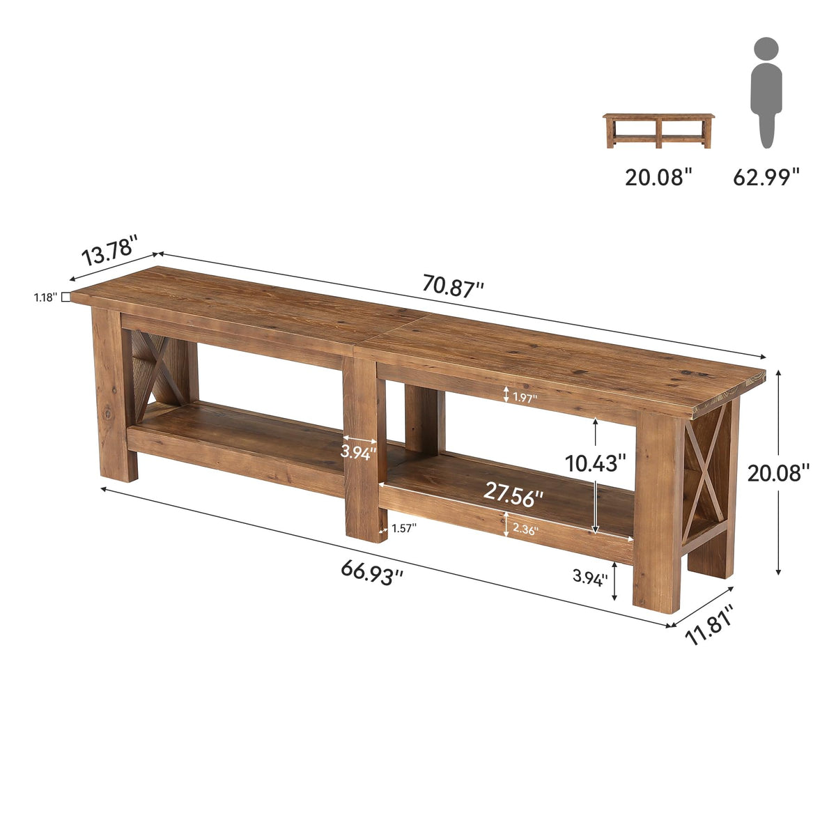 TRIBEWOOD 70.87" Solid Wood Entryway Shoe Bench, Extra Long Storage Bench