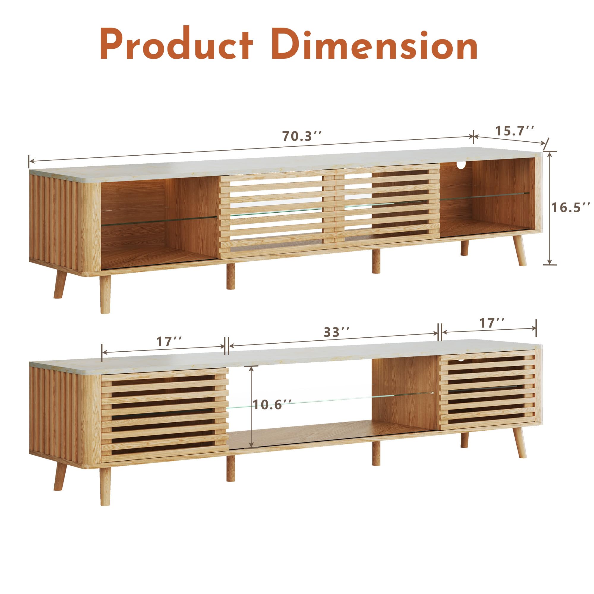 HUAHUU 70" TV Stand for 55/65/75 Inch TV, Faux Marble Top Entertainment Center with Slatied Sliding Door & LED Lights, Mid Century Modern Style, Low TV Console with Glass Shelves for Bedroom