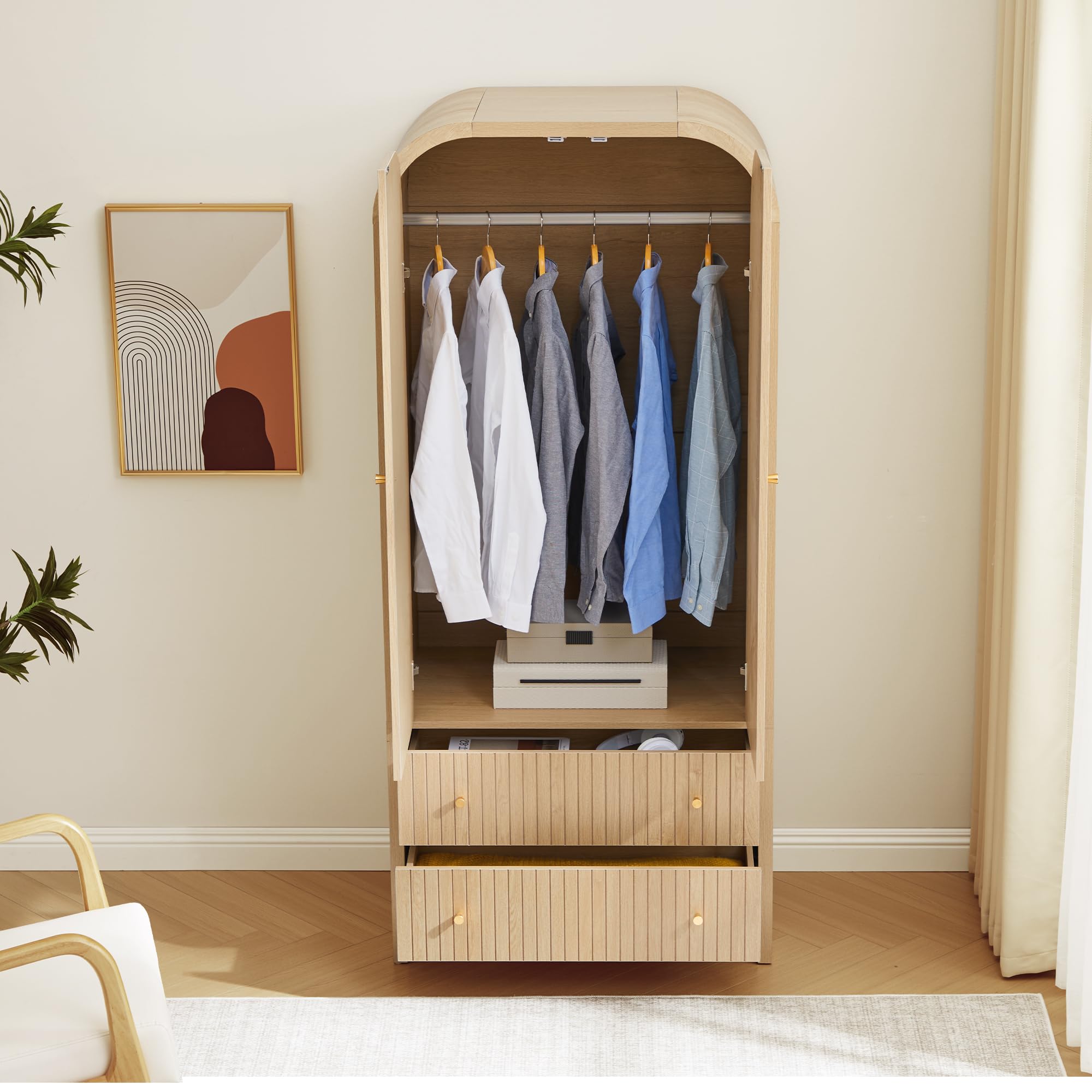 Arched Armoire Wardrobe Closet with Hanging Rod & 2 Drawers