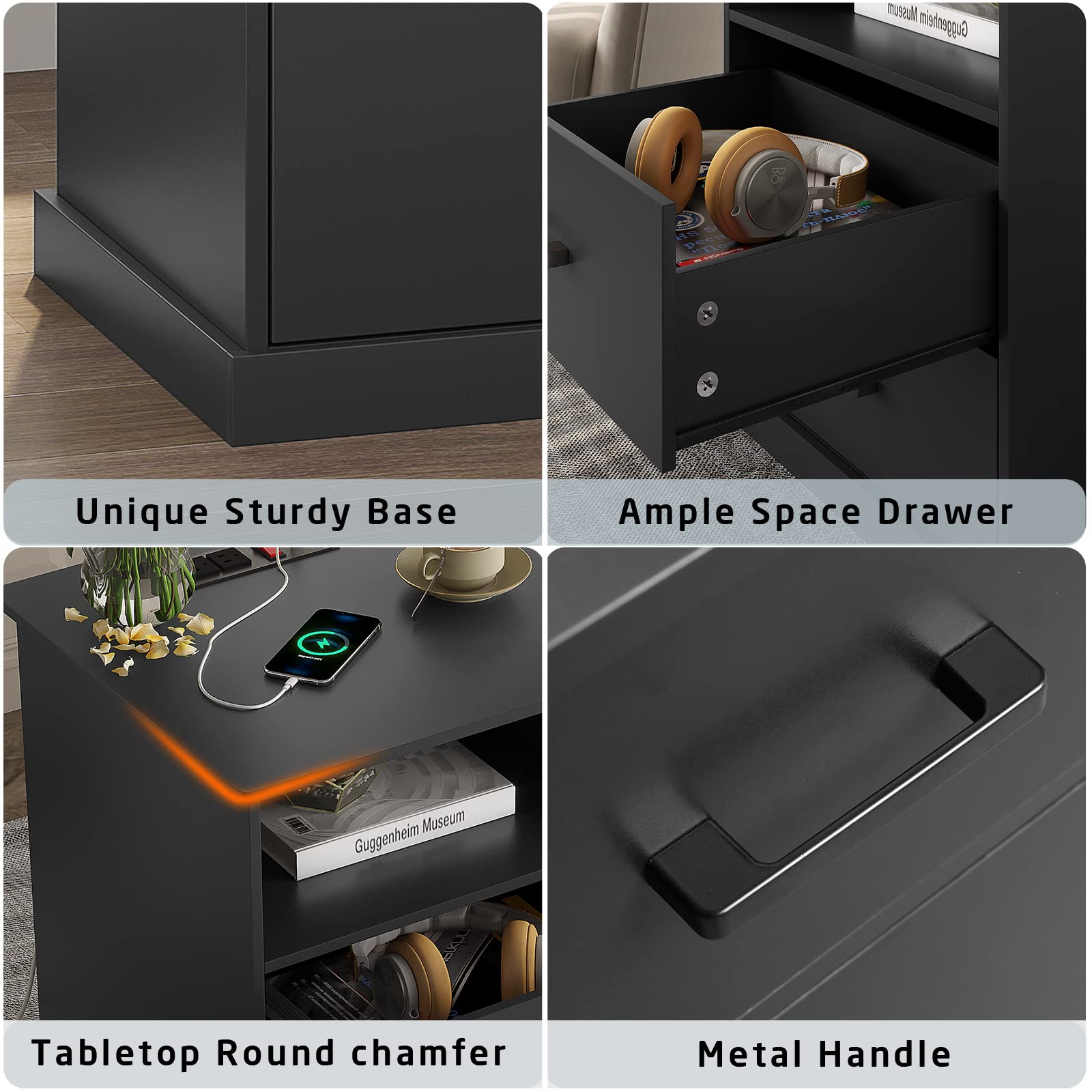 Hasuit Night Stand Set of 2 with Charging Station, Large Nightstands with Storage Drawers and Open Cubby, Black Bedside Side End Table for Home Office, Wider Tabletop 19.0'' x 15.0''