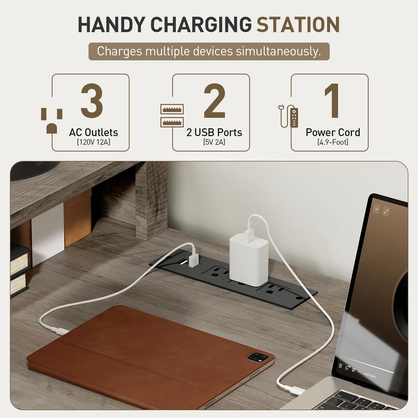 RALGEND Farmhouse 69" Executive L Shaped Desk with Drawer, Home Office Desk with Charging Station, Corner Computer Desk with Monitor Stand, File Drawer, Storage Cabinet, Greige