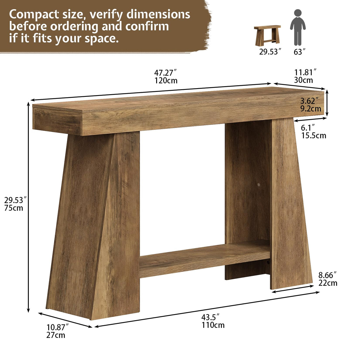 47.24" Farmhouse Entryway Console Table, Narrow Sofa Table Behind Couch, Wooden Rectangular Small Entry Table with Storage Shelves for Narrow Entrance, Stairwell, Hallway, Living Room, Small Foyer
