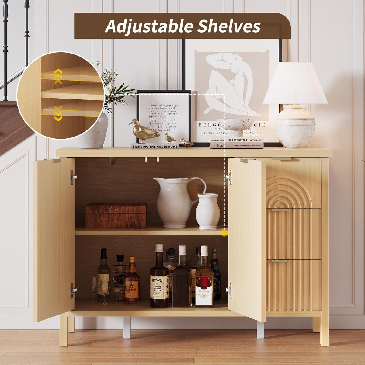 Curlaky Sideboard Buffet Cabinet with Storage - Fluted Accent Coffee Bar Cabinets Kitchen Credenza with Drawers & Doors, Wood Console Side Board with Adjustable Shelf for Living Room Entryway,Natural