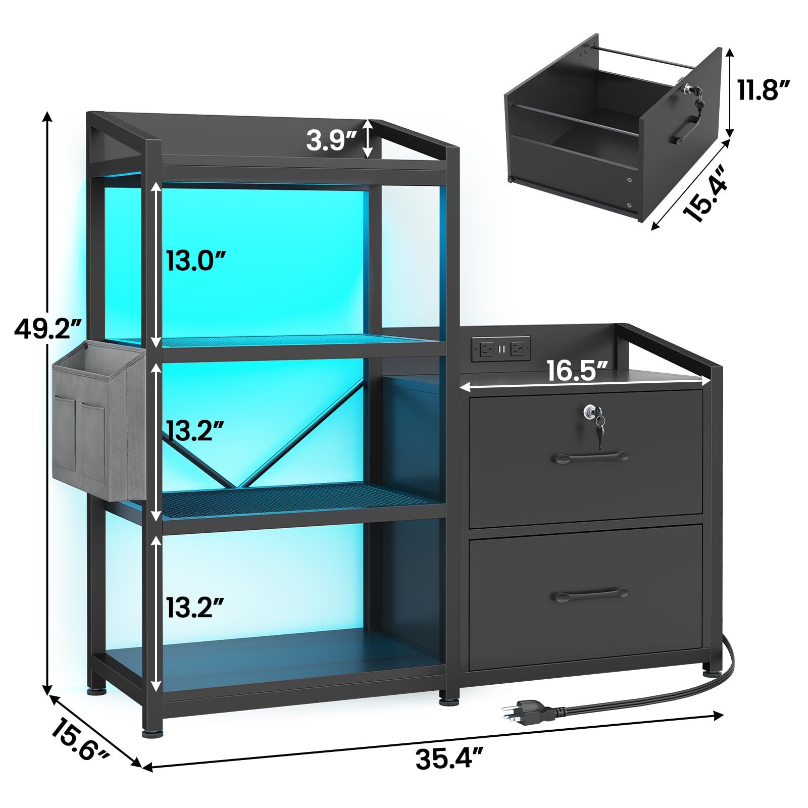 2-Drawer File Cabinet with Power Strip & LED Lights