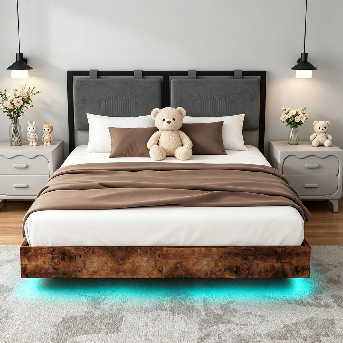 LUCKLIFE Floating Bed Frame Queen Size with Smart LED Lights, Adjustable Headboard, Upholstered Modern Metal Platform Bed, Easy Assembly, Under-Bed Storage, Queen