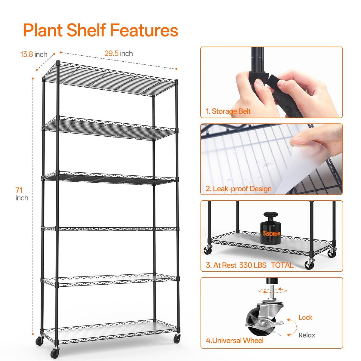 Bstrip 6-Tier Plant Shelf with Grow Light, 29.5x13.8x71in