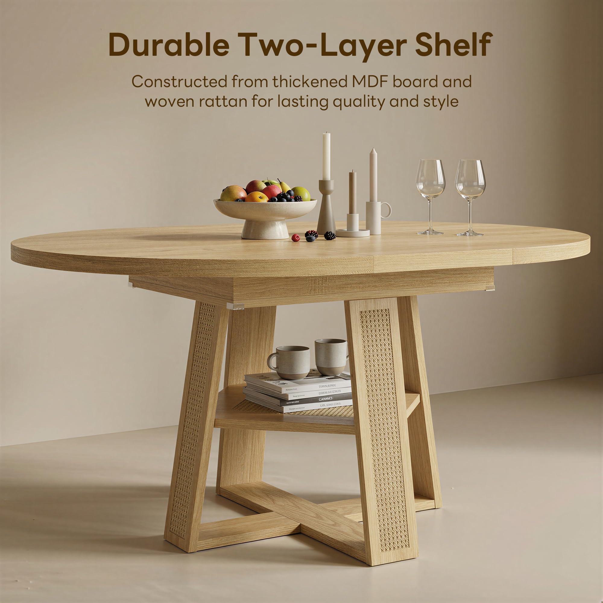 Extendable Round Dining Table with Storage Shelf