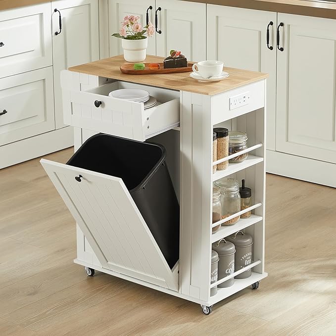 Rolling Kitchen Island with Trash Cabinet & Power Outlet