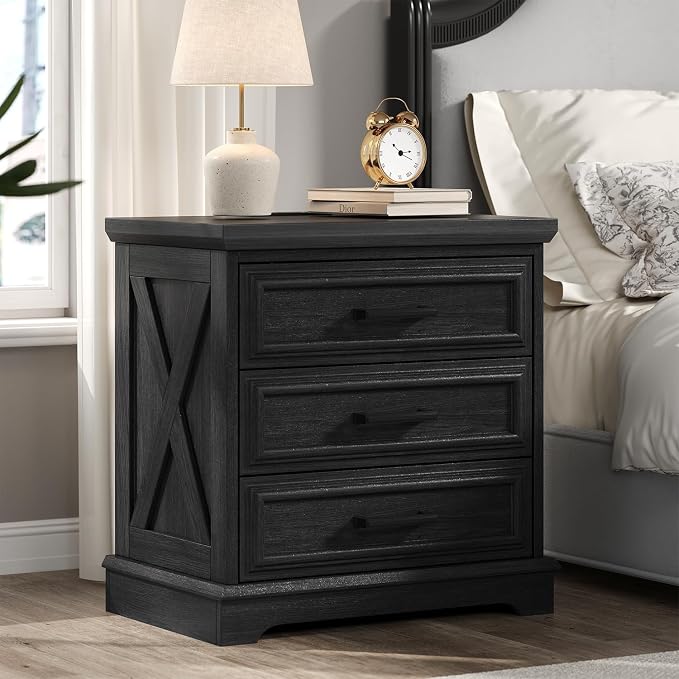 3-Drawer Farmhouse Nightstand with Charging Station