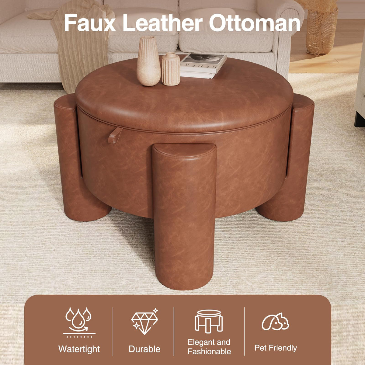 FiveWillowise 24 Inch Small Round Ottoman with Storage,Faux Leather