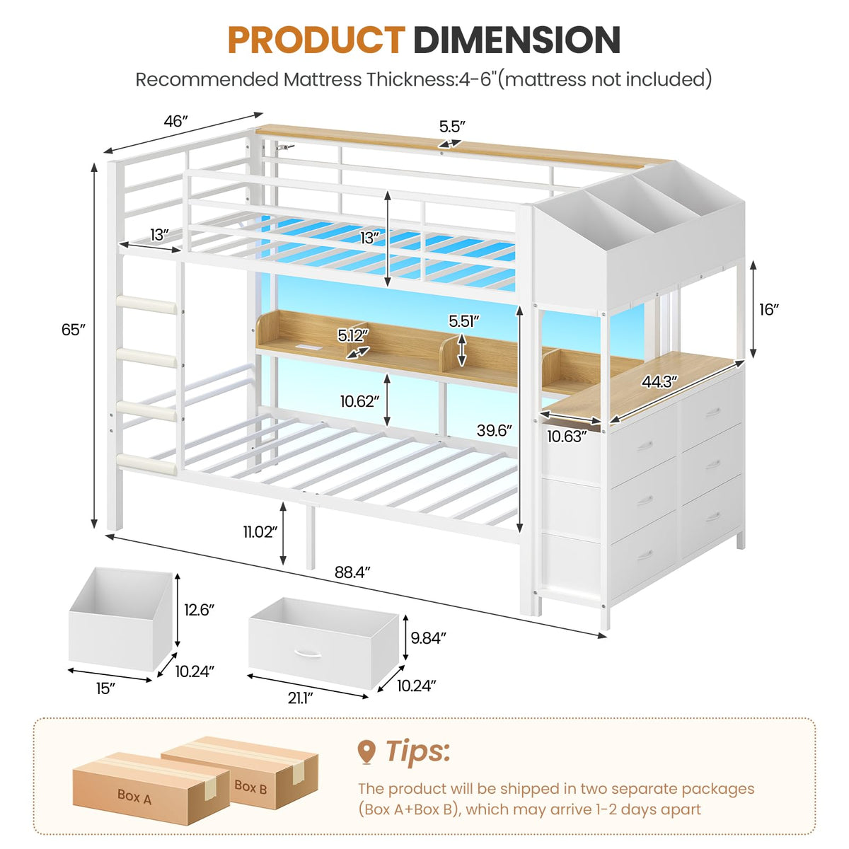Twin Over Twin Bunk Bed with Storage & LED Lights