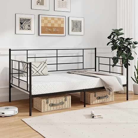 Metal Twin Daybed Frame with Slat Support & Guardrails