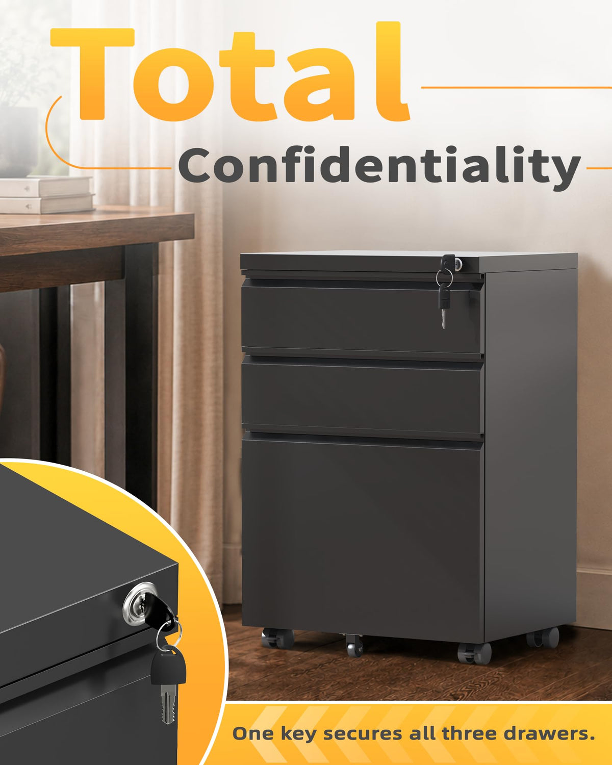 Fully Assembled 3-Drawer Mobile File Cabinet with Lock, Under Desk Storage