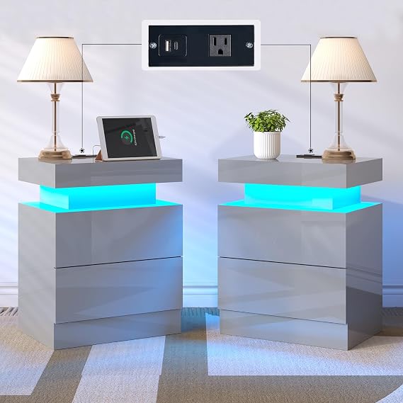 LED Nightstand with Charging Station & 2 Drawers