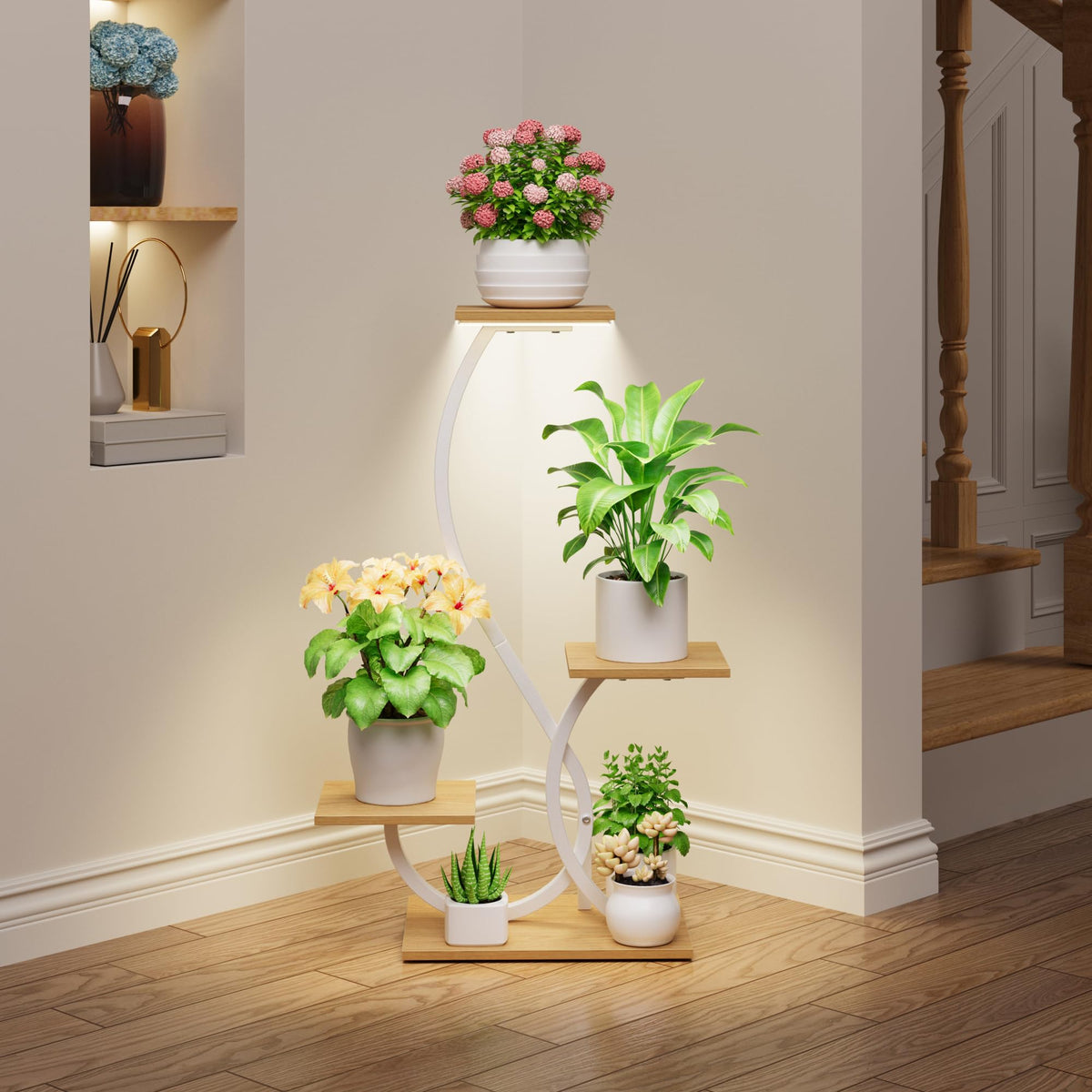 BACEKOLL Plant Stand with Grow Lights 4 Tier Metal Plant Shelf 32" White