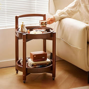 Cttasty Side Table with Wheels, Mid Century Modern Rolling End Table, Solid Wood Round End Table with Detachable Tray, Small Accent Table, Movable Coffee Table Cart(Walnut)