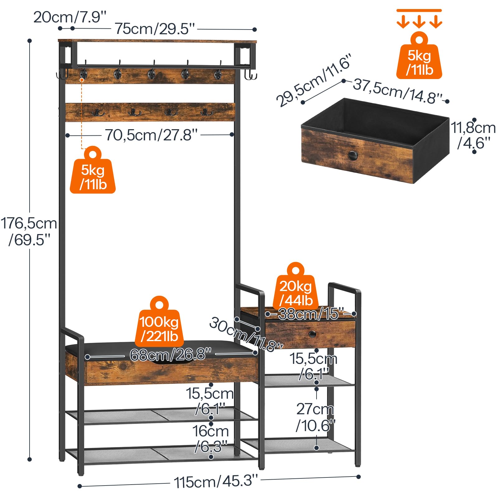 5-in-1 Hall Tree with Bench & Shoe Rack
