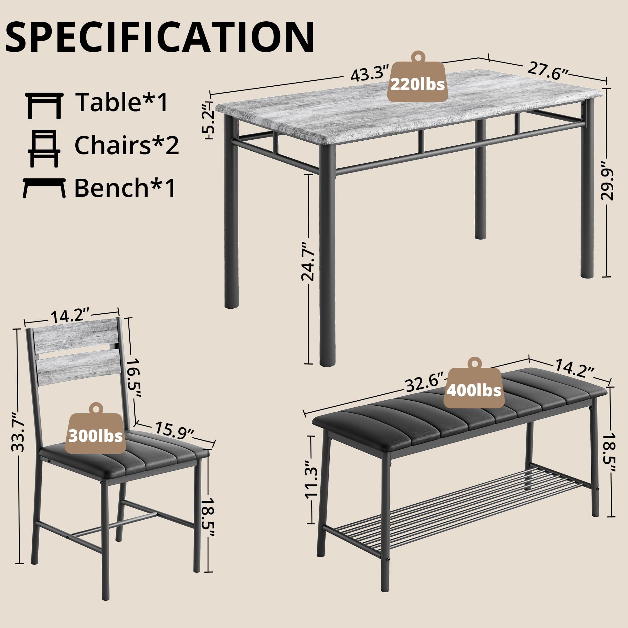 Industrial Modern Dining Table Set for 4