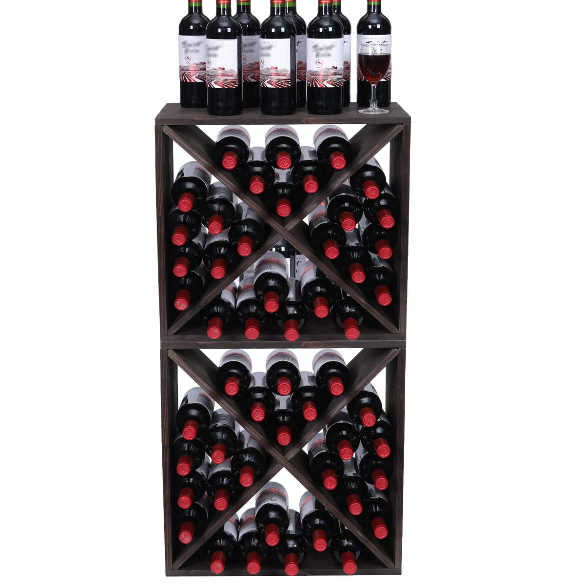 FDHUIJIA Wine Racks countertop Solid Wood Stackable Storage Rustic Retro Cube 48-Bottle Wooden Wine Rack Wine Cabinet(48BottleBlack)
