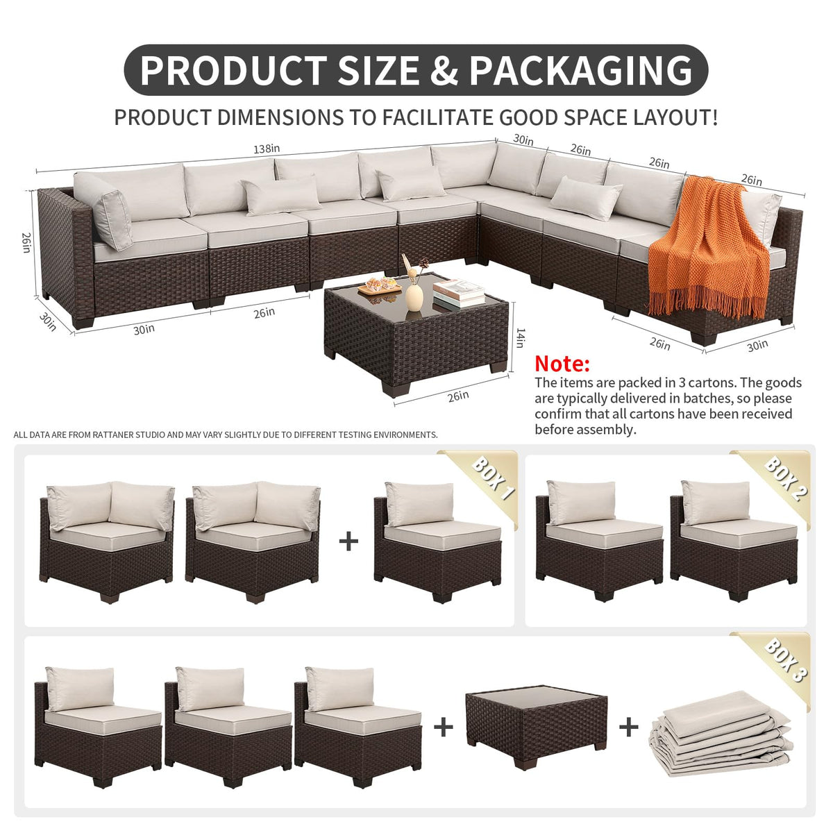 Rattaner 9 Pieces Outdoor Sectional All-Weather HDPE Brown Wicker Patio Furniture Set Patio Sectional Glass Patio Table Non-Slip Cushions and Waterproof Covers, Beige