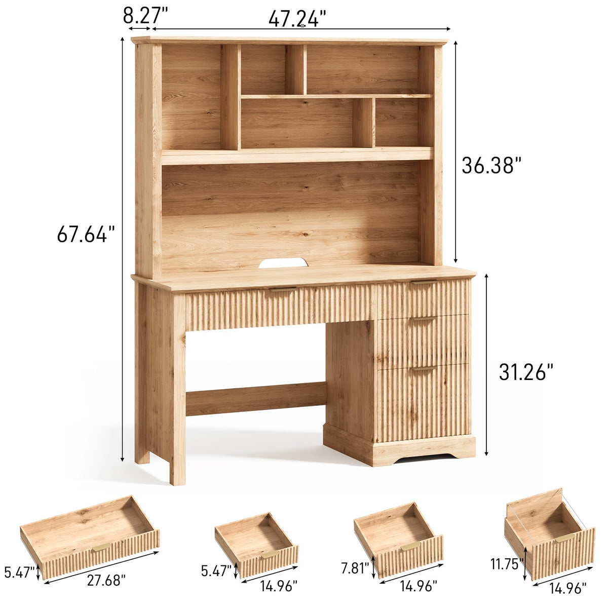 Halitaa Fluted Computer Desk with Hutch and Ample File Drawer, Natural