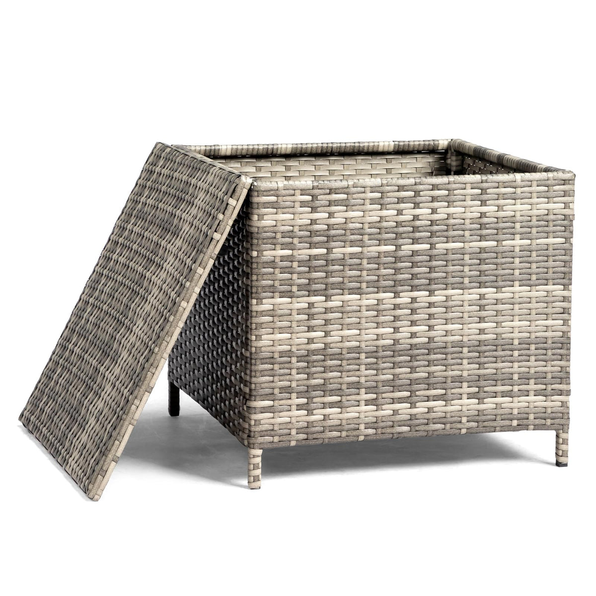 VINGLI 27 Gallon Outdoor Deck Box, Wicker Outdoor Storage Box with Lid, Small Storage Bin Container for Outside and Patio, Patio Rattan Side Table for Yard Porch (Grey, Square)