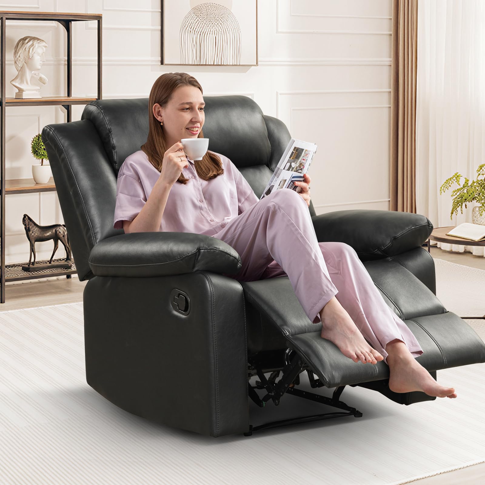 CANMOV Recliner Chair for Adults, Waterproof PU Leather Recliner, Soft Plush Overstuffed Manual Recliner with Footrest for Living Room Home Theater, Heavy Duty, Easy Clean(Black)