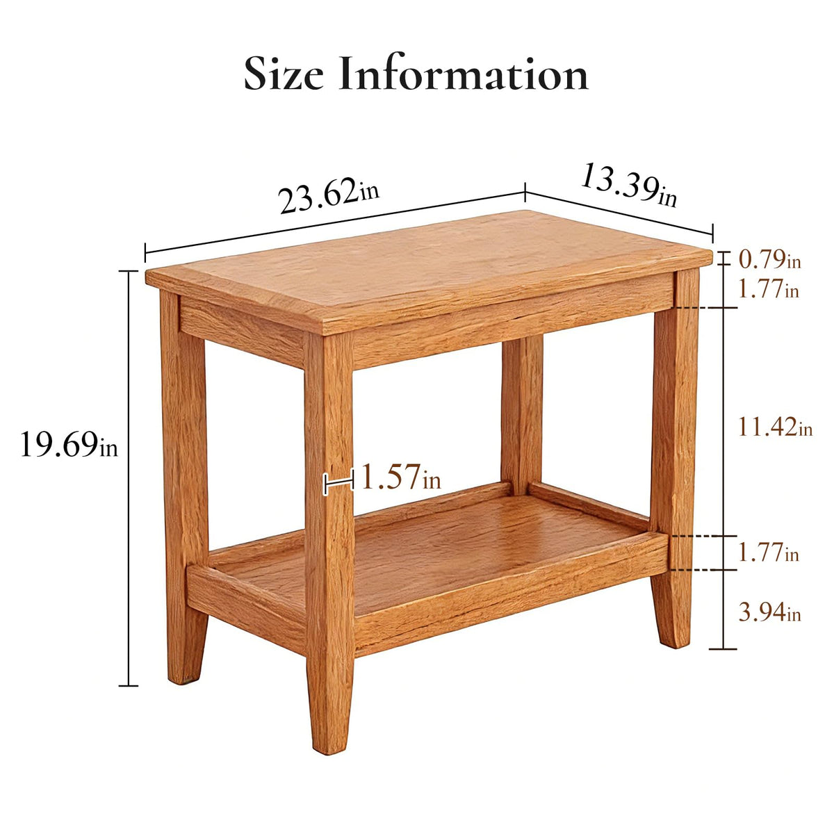 Cttasty Side Table, Solid Wood Rectangular End Table with Storage Shelf, 2-Tier Coffee Table for Living Room, Rubber Wood Small Sofa Table, Nightstand 19.69 H x 13.39 W x 23.62 D Inches (Natural)