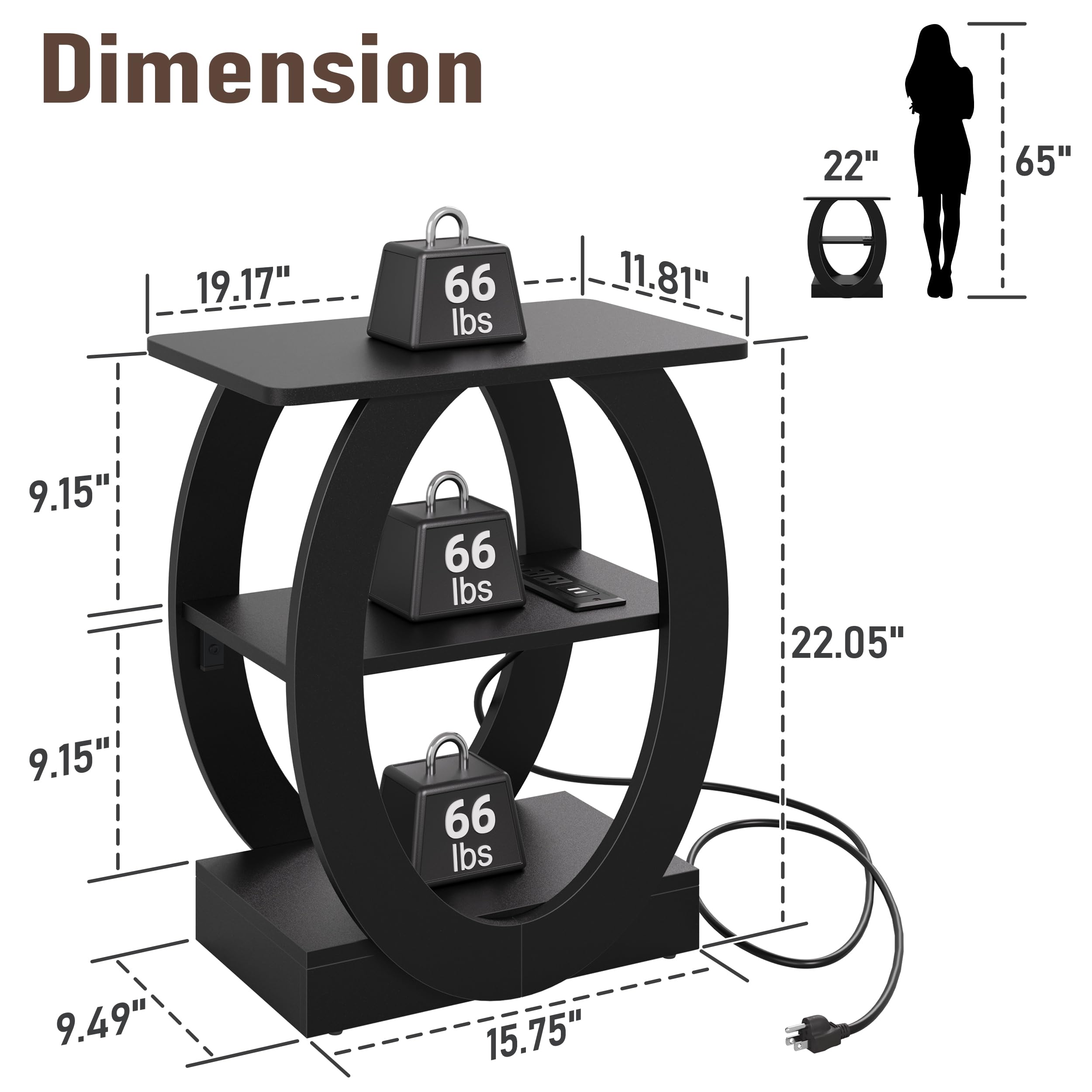 End Table Set of 2 with Charging Station, Black Side Table with USB Ports and Outlets for Living Room, Wood Nightstand with Large Storage Shelf for Bedroom Sofa Couch, Bedside Table Night Stands