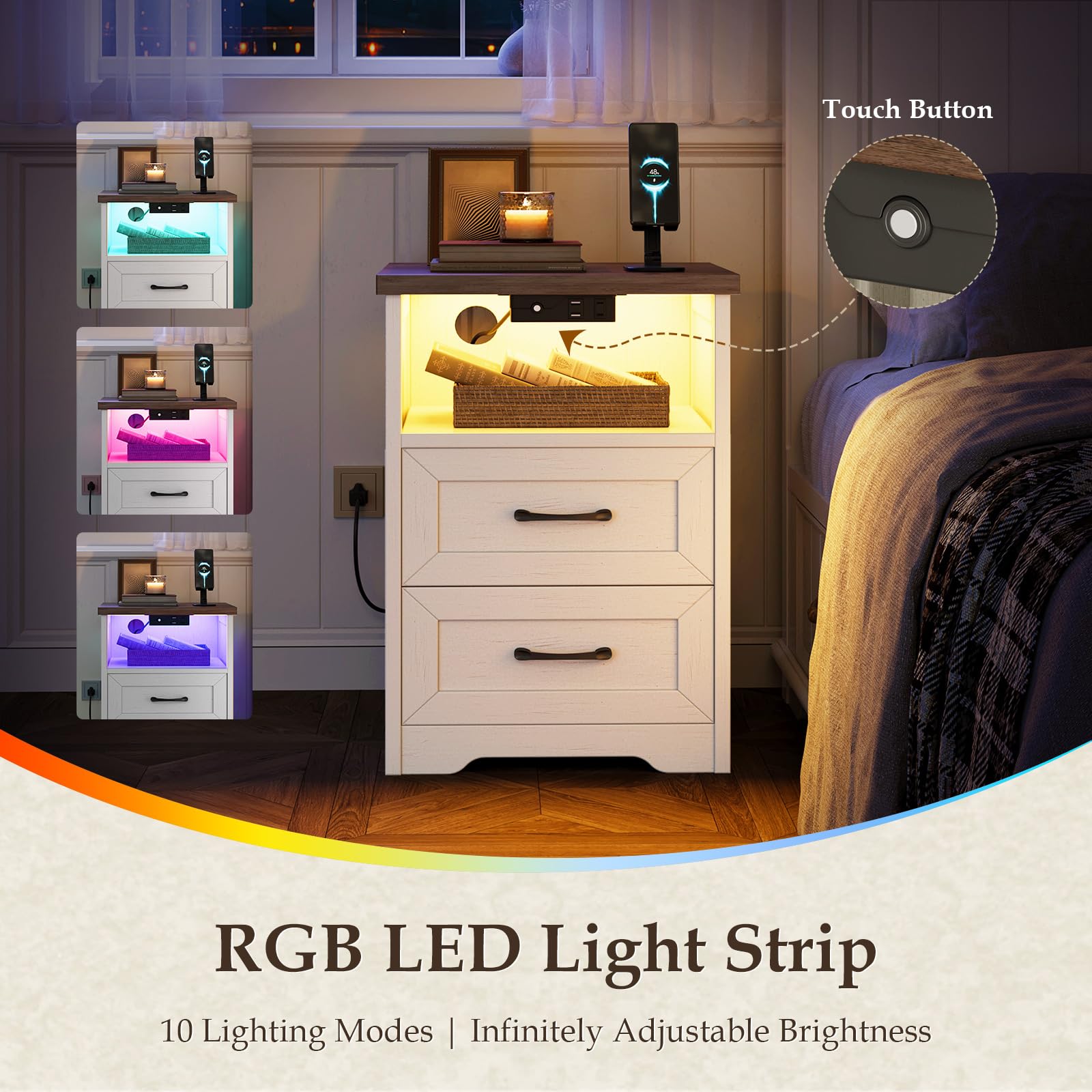 AODK 3-Piece Bedroom Set – 47" Wide 6-Drawer Dresser + 2 Farmhouse Nightstands with 2 Drawers & Charging Station & RGB LED Lights – Engineered Wood, Anti-Tip Design, Rustic White & Dark Walnut
