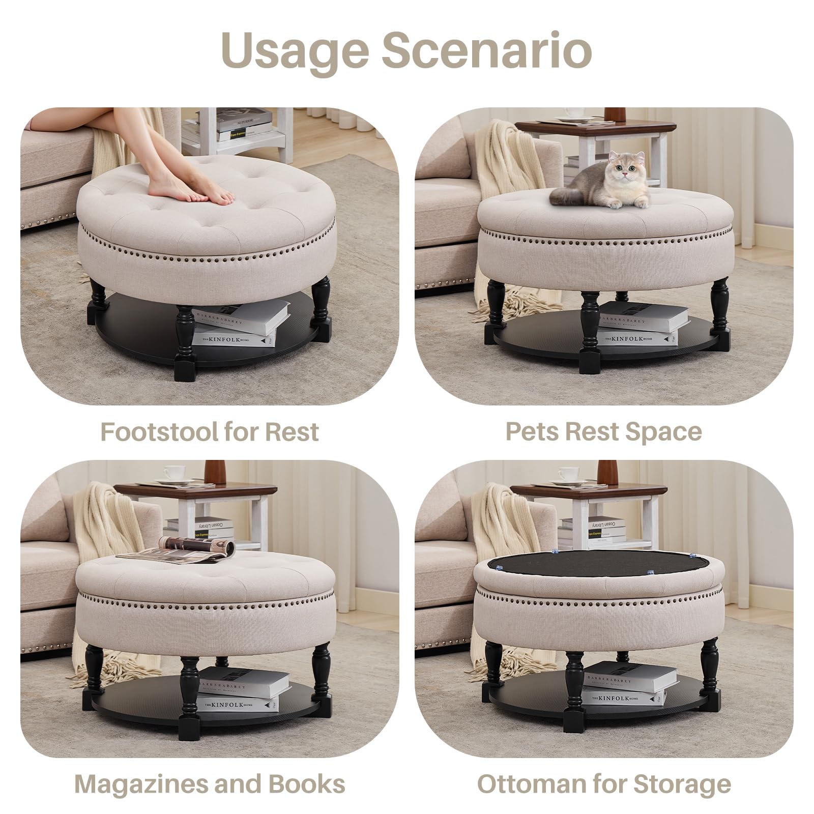 Round Storage Ottoman with Wood Shelf