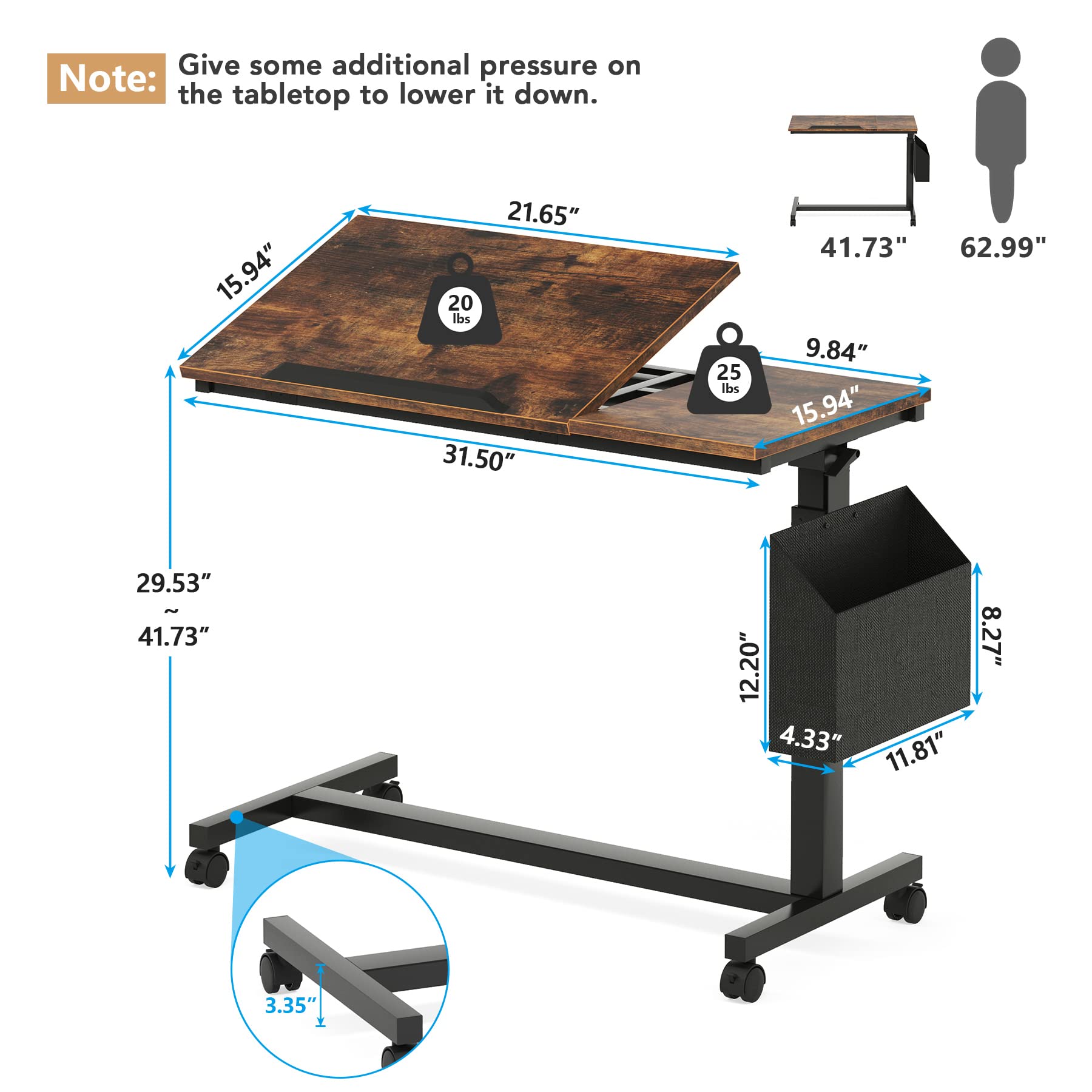 Height Adjustable C-Shaped End Table with Wheels
